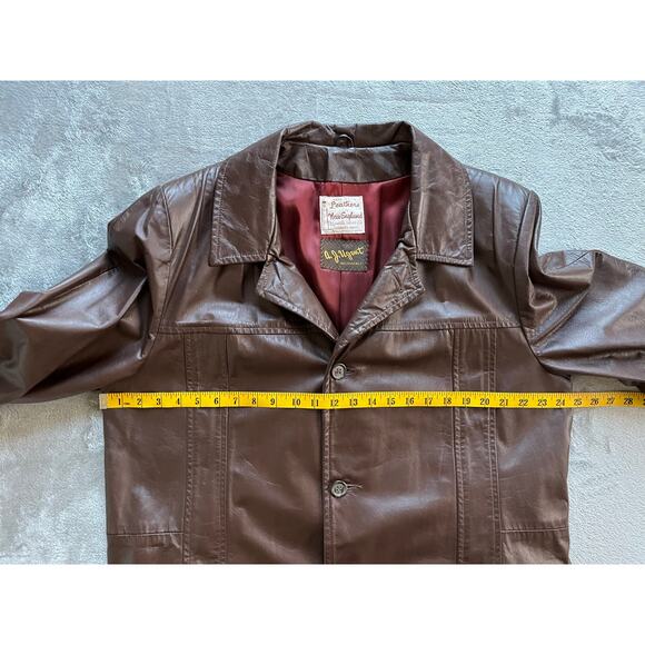 Vintage 60s 70s Brown Leather Short Trench Coat Jacket Belted XL Made in USA - Picture 14 of 16